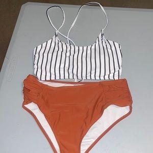 high wasted women’s bikini, burnt orange, with white and black striped